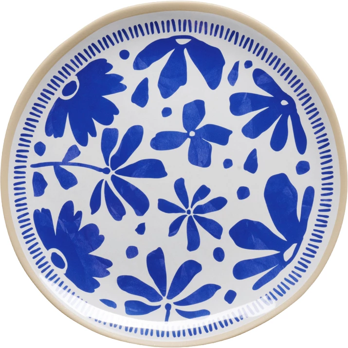 APS Floryn flad tallerken uden fane, melamin, hvid/blå/beige, ø26,5 cm