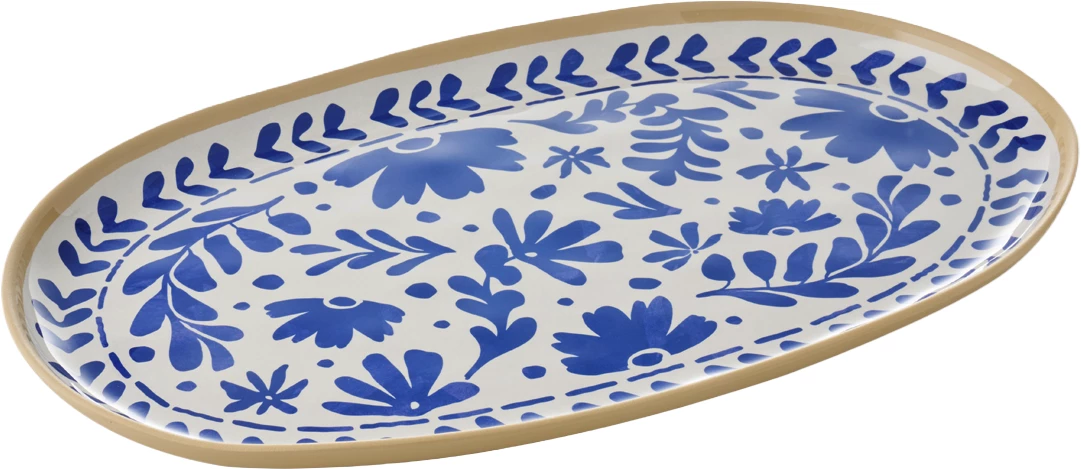 APS Floryn oval fad, melamin, hvid/blå/beige, 40,5 x 24,5 cm