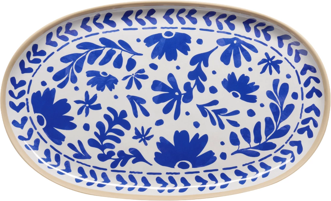 APS Floryn oval fad, melamin, hvid/blå/beige, 40,5 x 24,5 cm