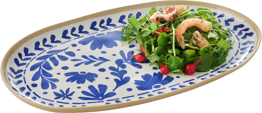 APS Floryn oval fad, melamin, hvid/blå/beige, 40,5 x 24,5 cm