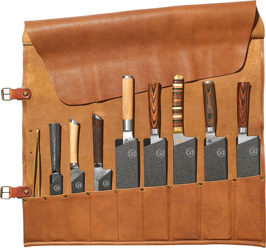 Knivtaske til 9 knive, læder, cognac