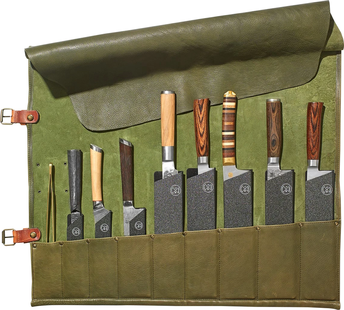 Knivtaske til 9 knive, læder, grøn
