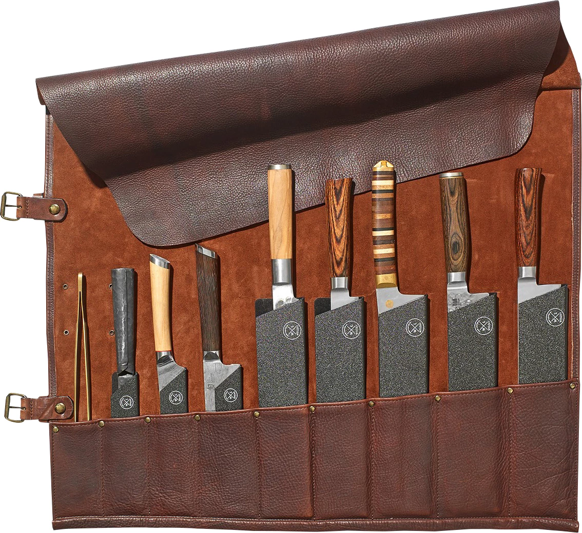 Knivtaske til 9 knive, læder, brun