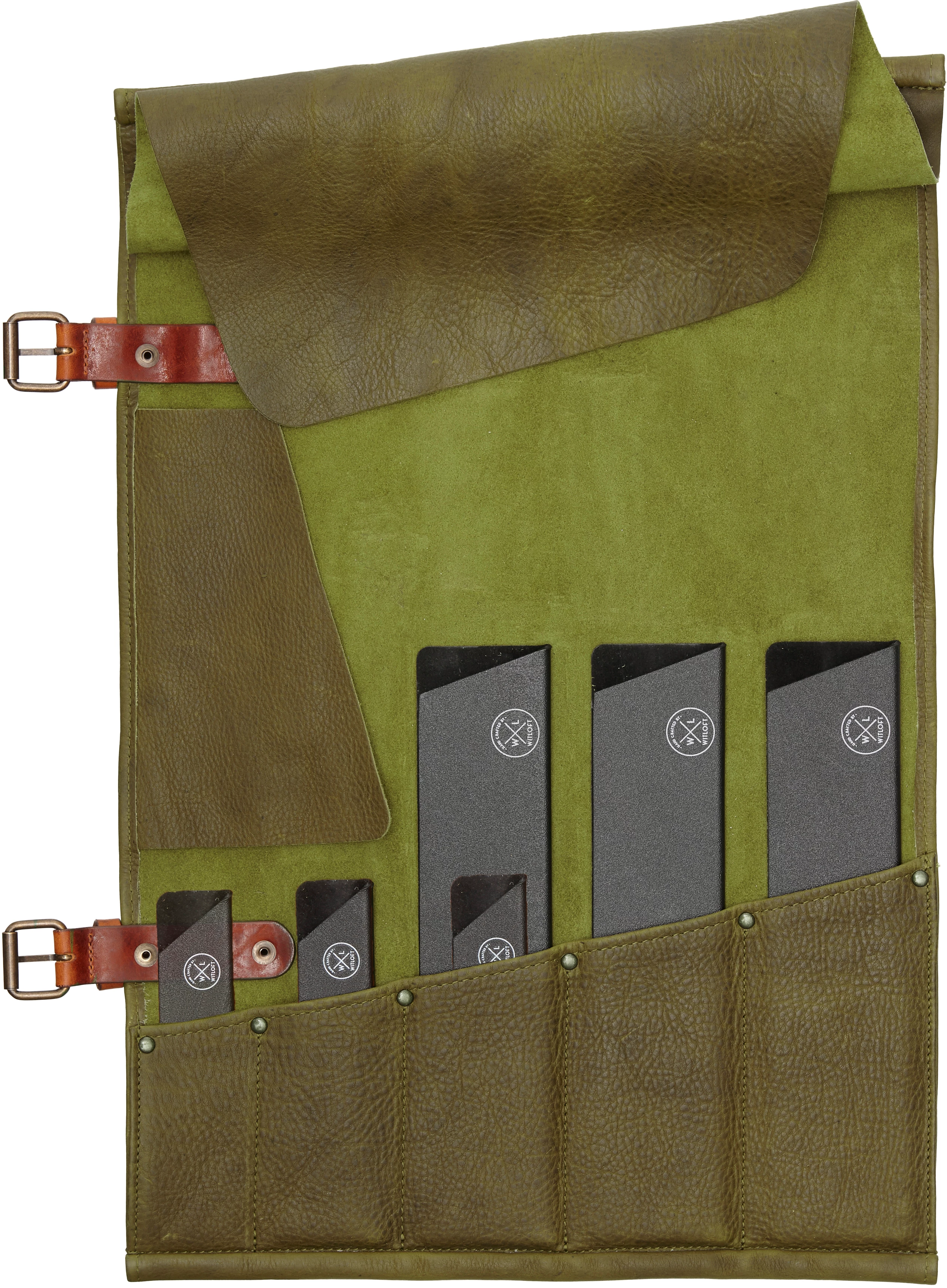 Knivtaske til 5 knive, læder, oliven